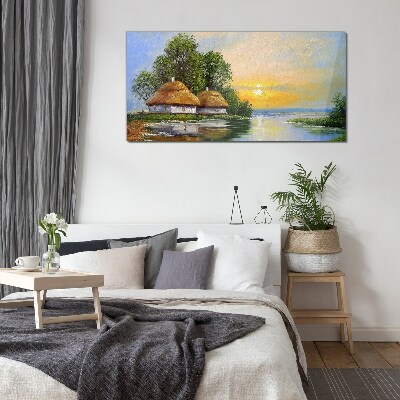 A peaceful sunset over the village Wall art on glass