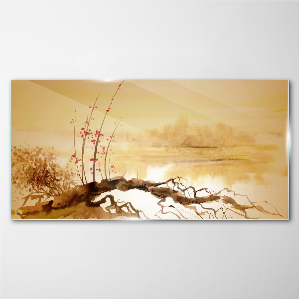 Golden shades on the water's edge Glass art print