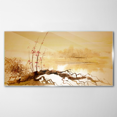 Golden shades on the water's edge Glass art print