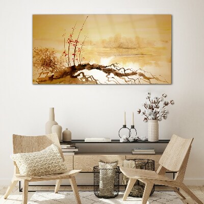 Golden shades on the water's edge Glass art print