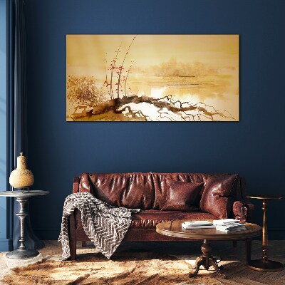 Golden shades on the water's edge Glass art print