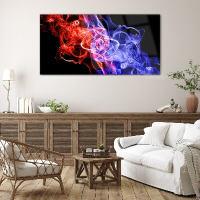 Dancing smoke in red and blue Glass art print