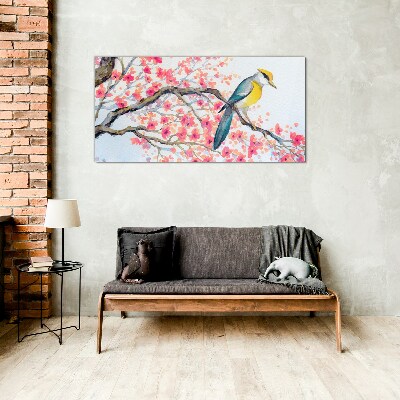 Spring bird on a branch Wall art on glass