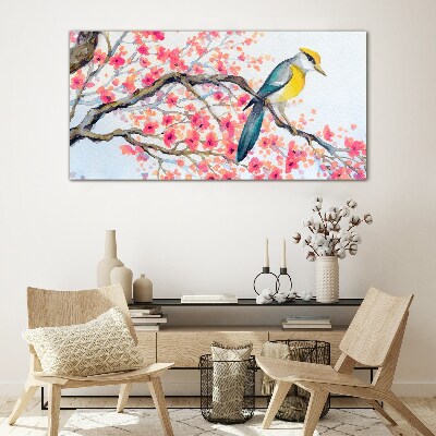 Spring bird on a branch Wall art on glass
