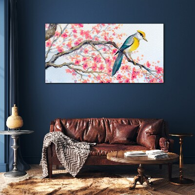 Spring bird on a branch Wall art on glass
