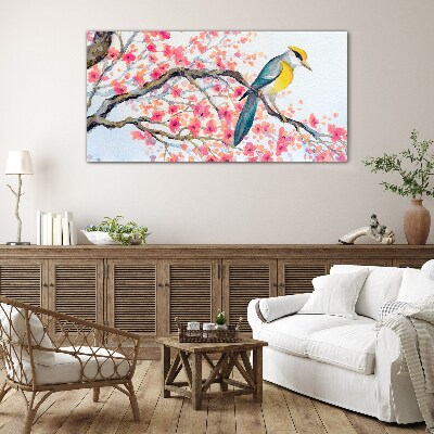 Spring bird on a branch Wall art on glass