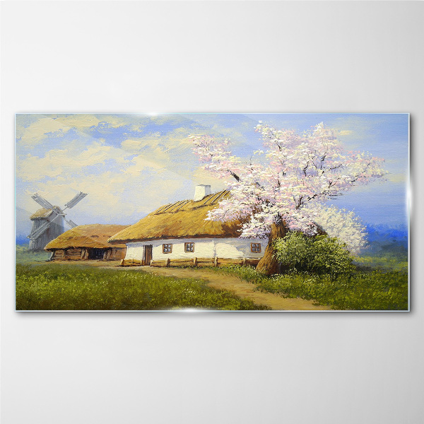 Rural landscape with a windmill and flowers Glass art print