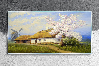 Rural landscape with a windmill and flowers Glass art print