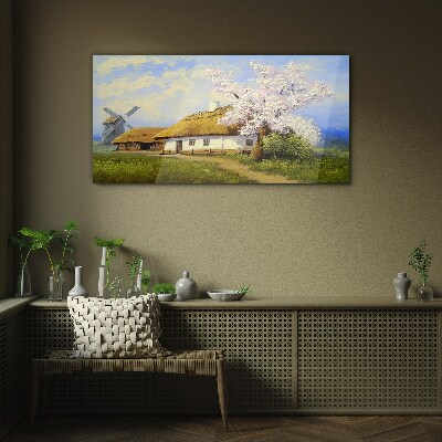 Rural landscape with a windmill and flowers Glass art print