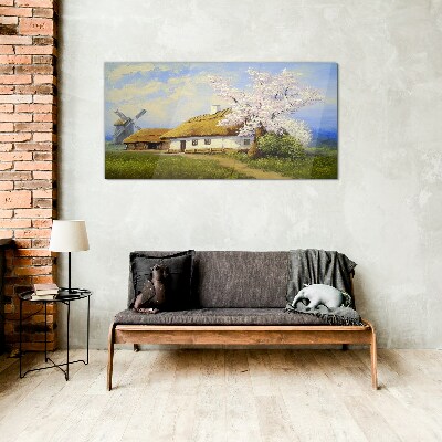 Rural landscape with a windmill and flowers Glass art print