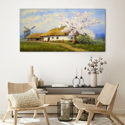 Rural landscape with a windmill and flowers Glass art print