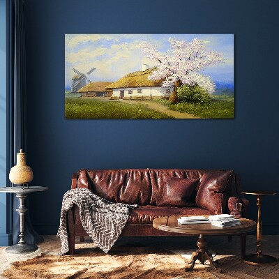 Rural landscape with a windmill and flowers Glass art print