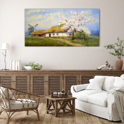Painting village cottages Glass Wall Art
