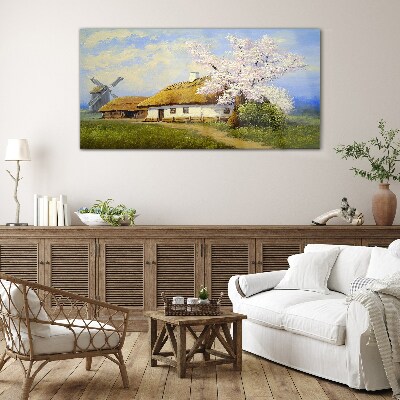 Rural landscape with a windmill and flowers Glass art print