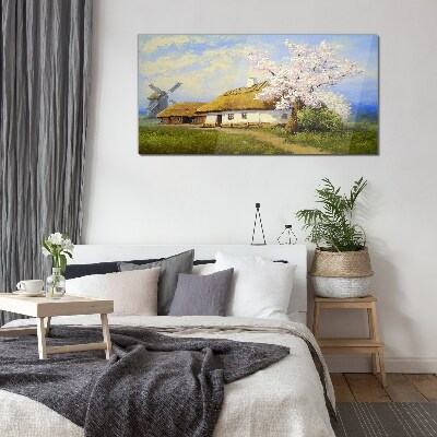 Rural landscape with a windmill and flowers Glass art print