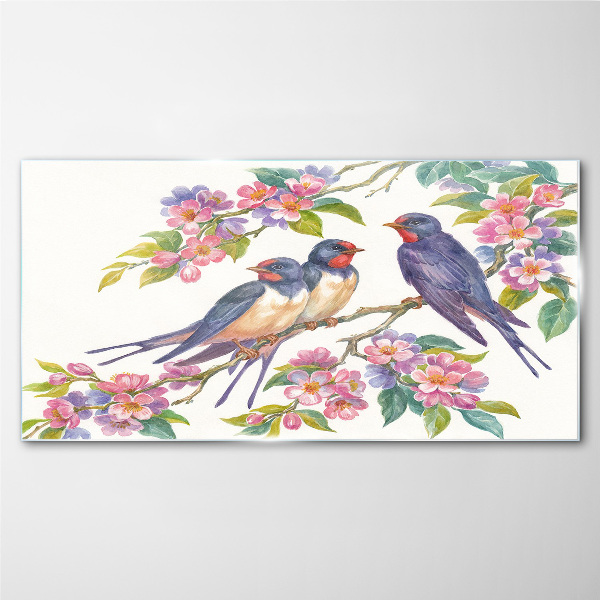 Birds in the flowering branches Glass art print