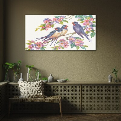 Birds in the flowering branches Glass art print