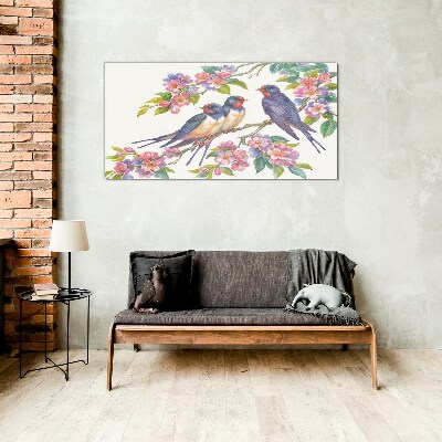 Birds in the flowering branches Glass art print