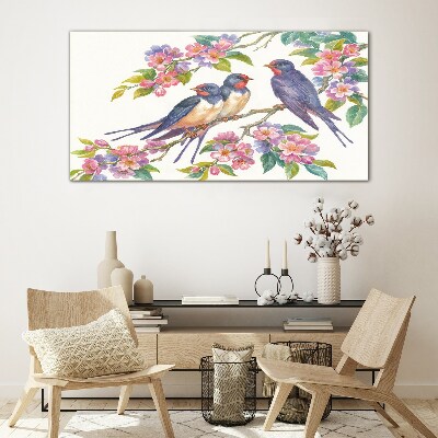 Birds in the flowering branches Glass art print