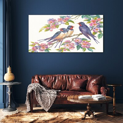Birds in the flowering branches Glass art print