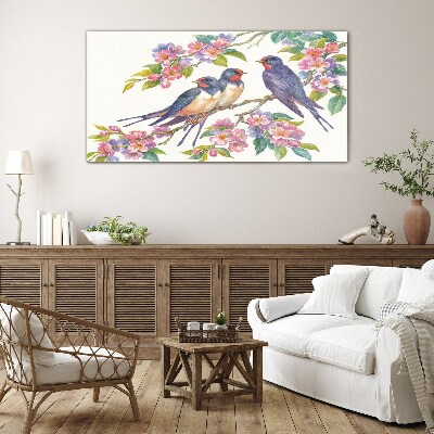 Birds in the flowering branches Glass art print