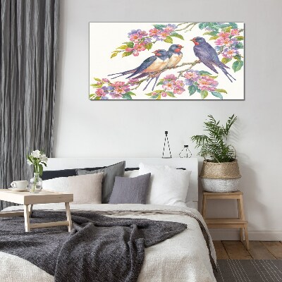 Birds in the flowering branches Glass art print