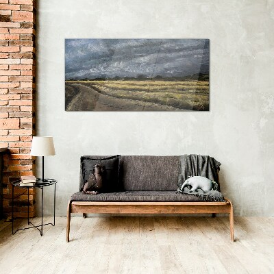 Stormy sky over a country road Wall art on glass