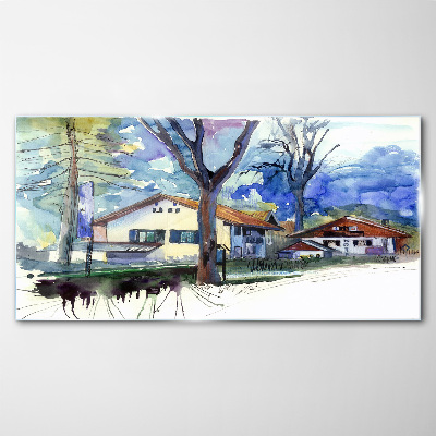 Rural landscape in watercolor Wall art on glass