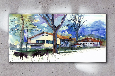 Rural landscape in watercolor Wall art on glass