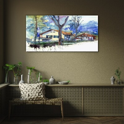 Rural landscape in watercolor Wall art on glass