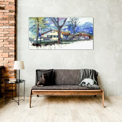 Rural landscape in watercolor Wall art on glass