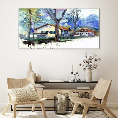 Rural landscape in watercolor Wall art on glass