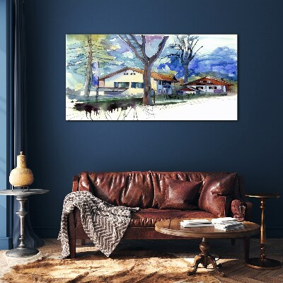 Rural landscape in watercolor Wall art on glass