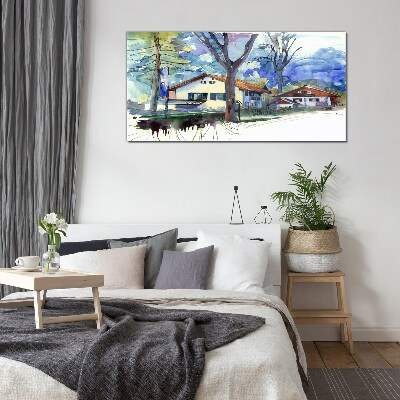 Rural landscape in watercolor Wall art on glass