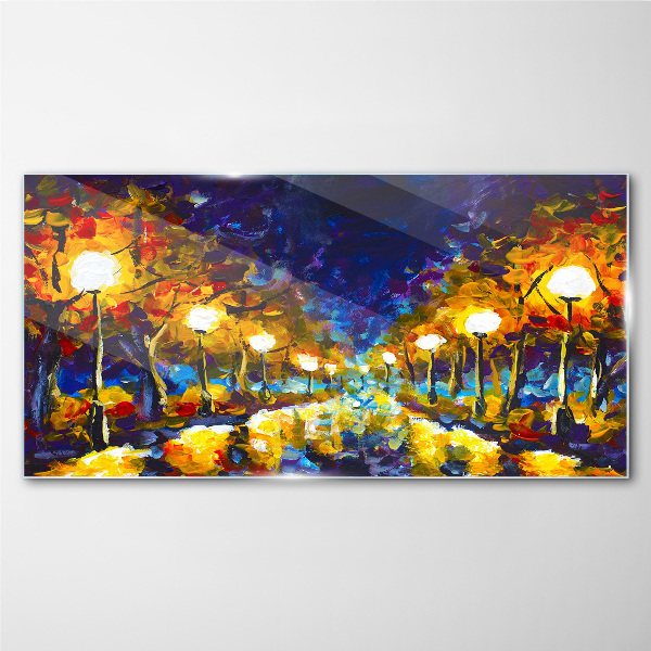 Evening alley with lamps Glass art print