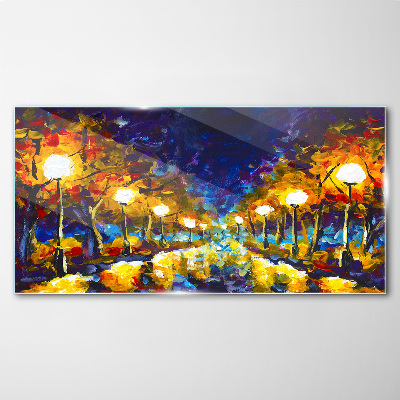 Evening alley with lamps Glass art print
