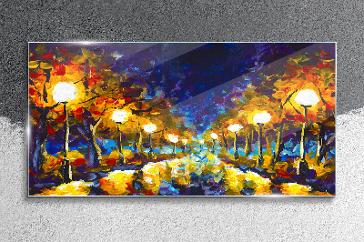 Evening alley with lamps Glass art print