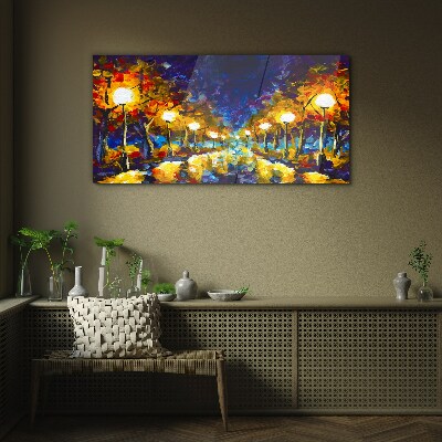 Evening alley with lamps Glass art print