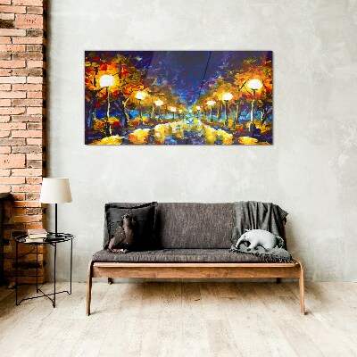 Evening alley with lamps Glass art print