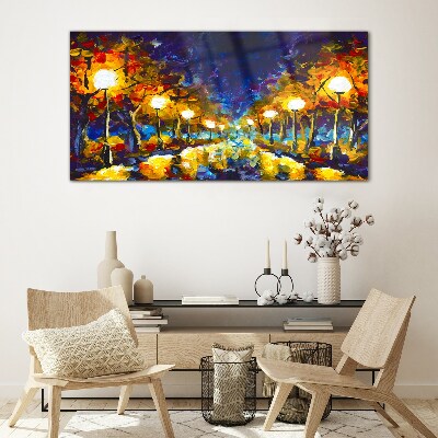 Evening alley with lamps Glass art print
