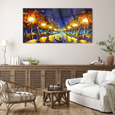 Evening alley with lamps Glass art print