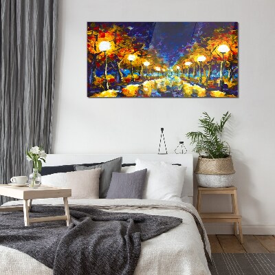 Evening alley with lamps Glass art print