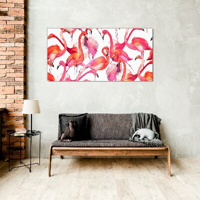 Pink flamingos in a tropical dance Wall art on glass