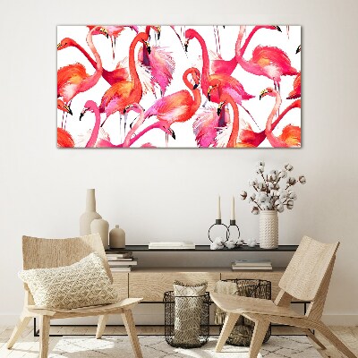 Pink flamingos in a tropical dance Wall art on glass