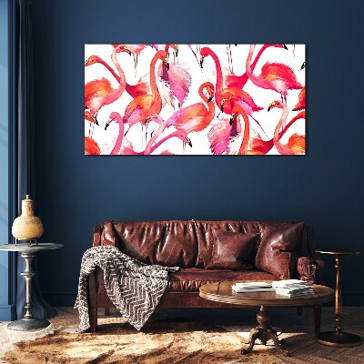 Pink flamingos in a tropical dance Wall art on glass