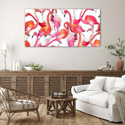 Pink flamingos in a tropical dance Wall art on glass