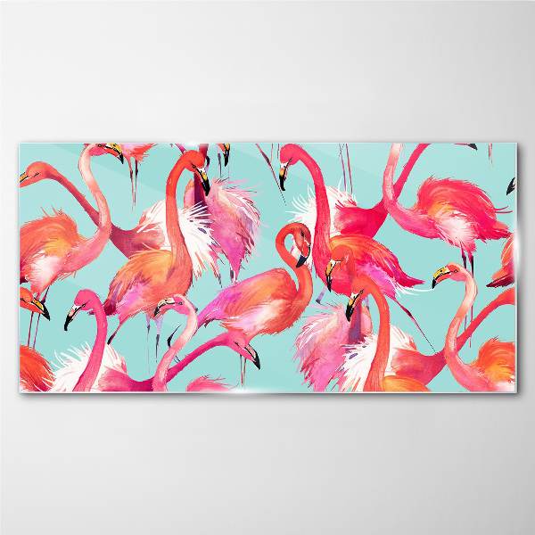 Pink flamingos on a turquoise background Wall art on glass