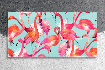 Pink flamingos on a turquoise background Wall art on glass