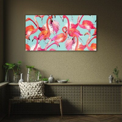 Pink flamingos on a turquoise background Wall art on glass