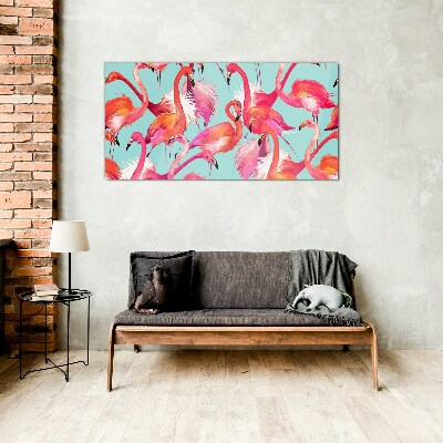 Pink flamingos on a turquoise background Wall art on glass